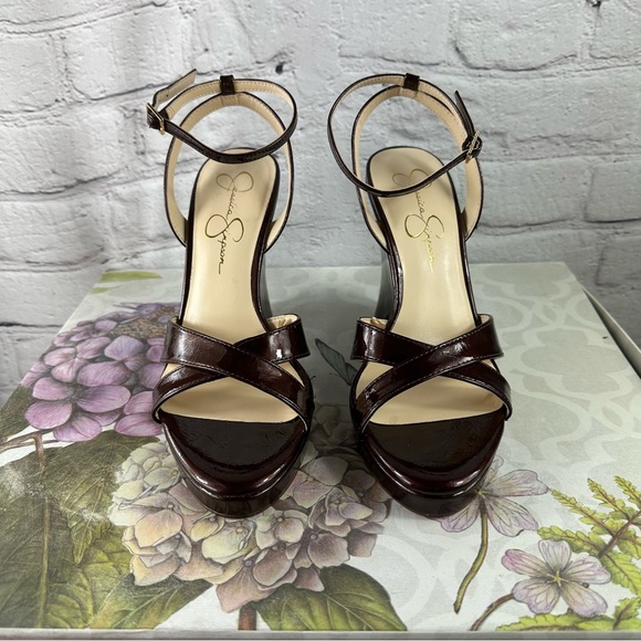 JESSICA SIMSON DARK BROWN PATENT WEDGES SIZE (8.5) - Picture 1 of 9